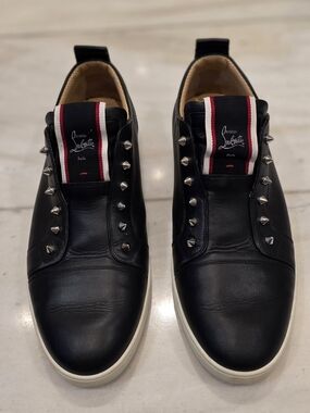 Authentic Christian Louboutin Fique A Vondate Black Leather Studded Sneakers